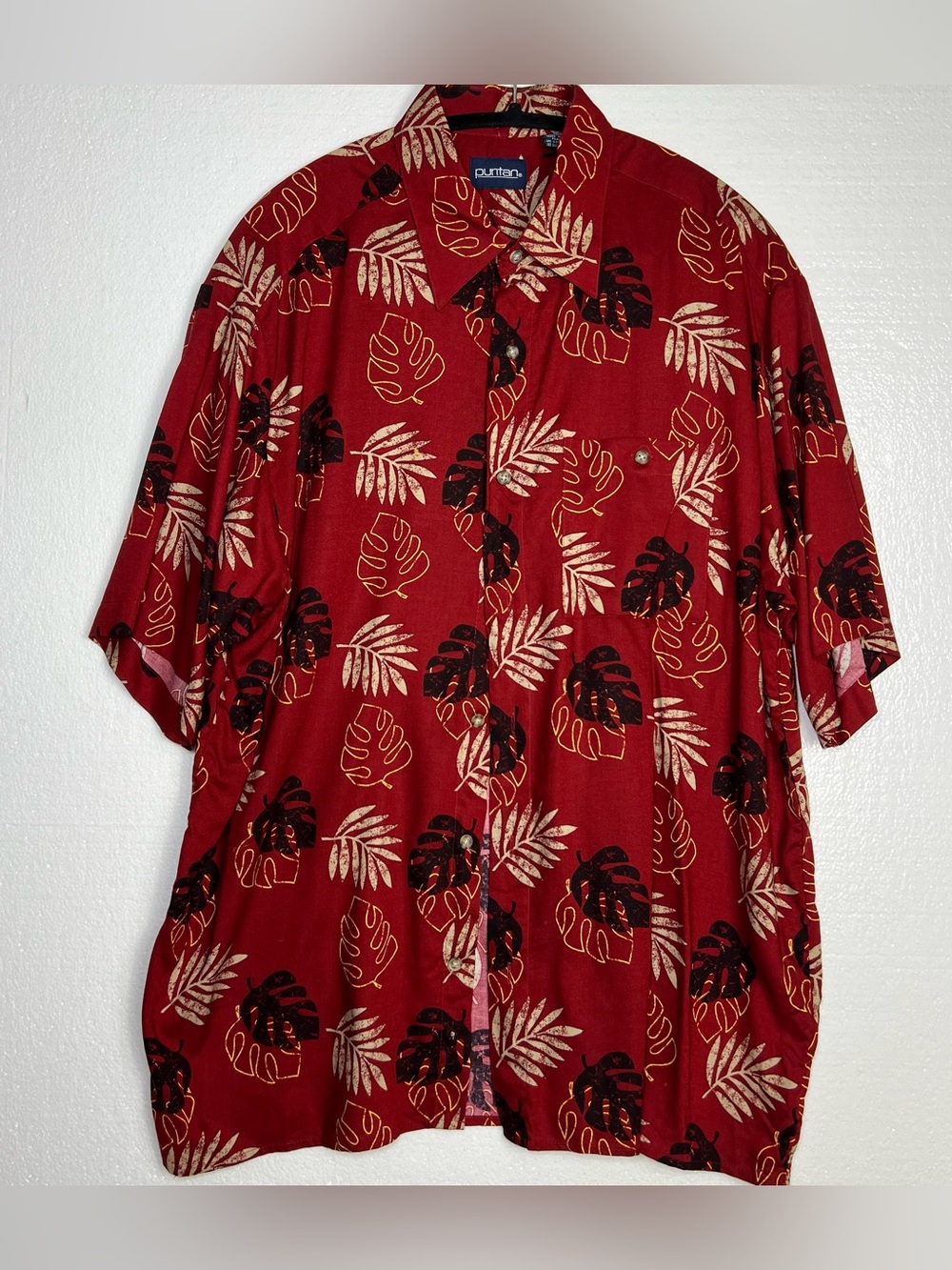 Puritan Red Tropical Leaf Hawaiian Shirt Men’s XL 100% Rayon Short Sleeve